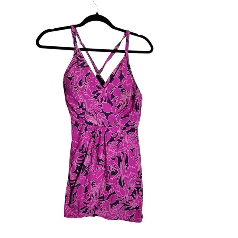 Pink Tropical Palm Print V-Neck Cross Back‎ Swim Dress Swimsuit